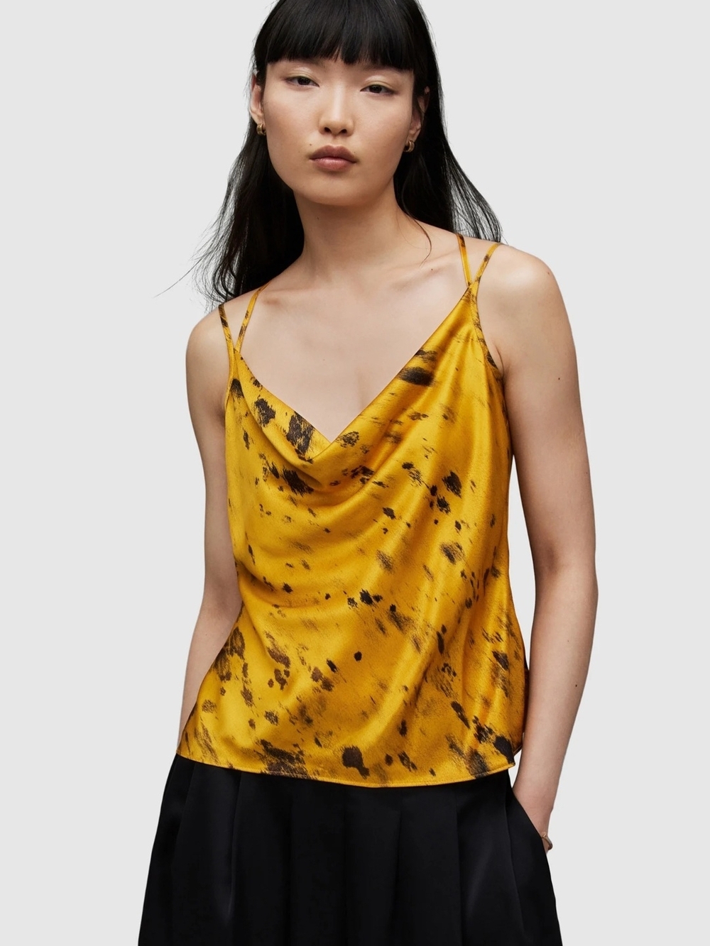 All Saints Marta Ronnie Top In Ochre Yellow. Spotted Satin Cowl Camisole